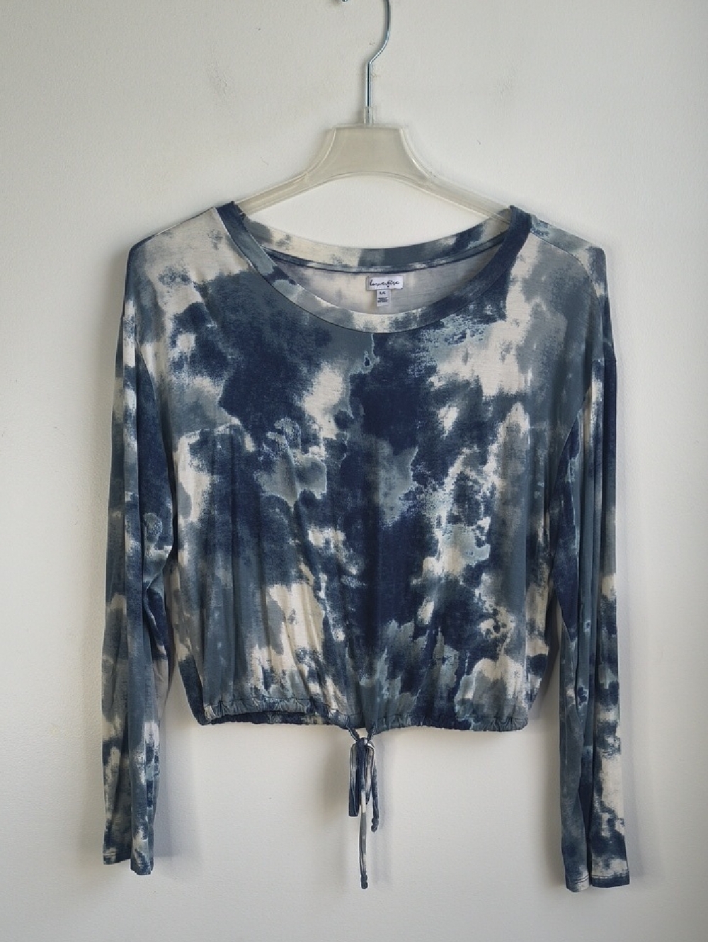 Navy and Cream Tie-Dye Cropped Drawstring Long Sleeve Top